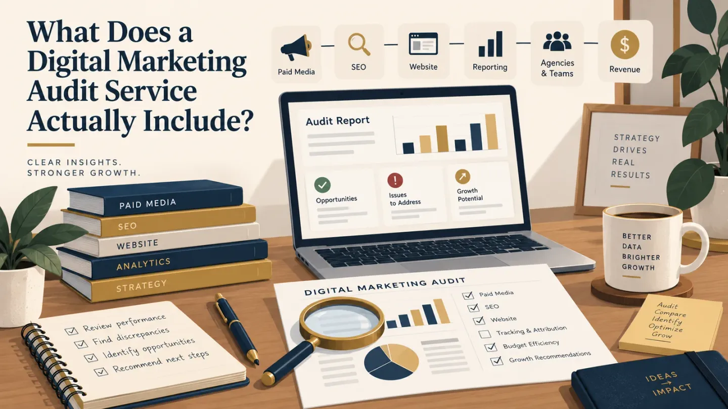 Editorial illustration showing paid media, SEO, website, reporting, analytics, and audit findings on a marketing audit desk.